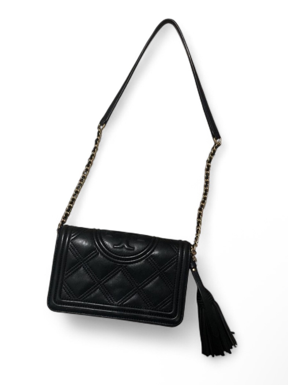 Tory Burch Black Quilted Leather Crossbody with Gold Chain
